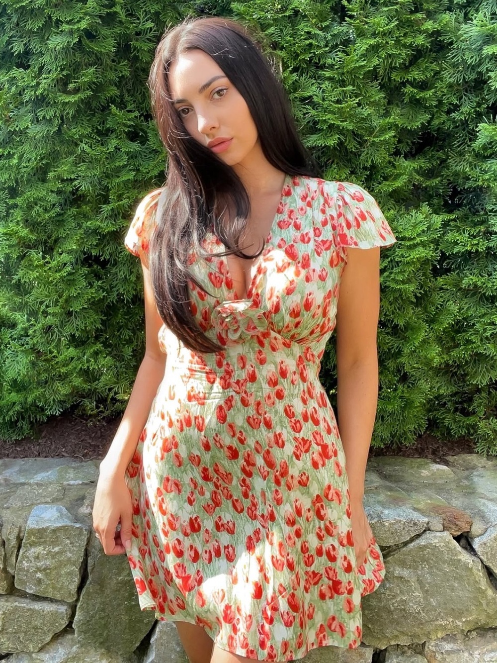 NWT Doen Kelsea Silk Rosette Floral V-Neck Short Sleeve Mini Dress Tulip Fields